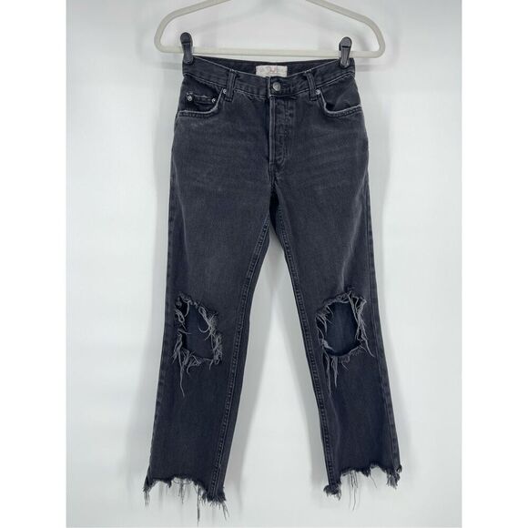 Free People We The Free Lasso Jeans Destroyed Open Knee Black Button Fly Size 24 - Picture 1 of 8